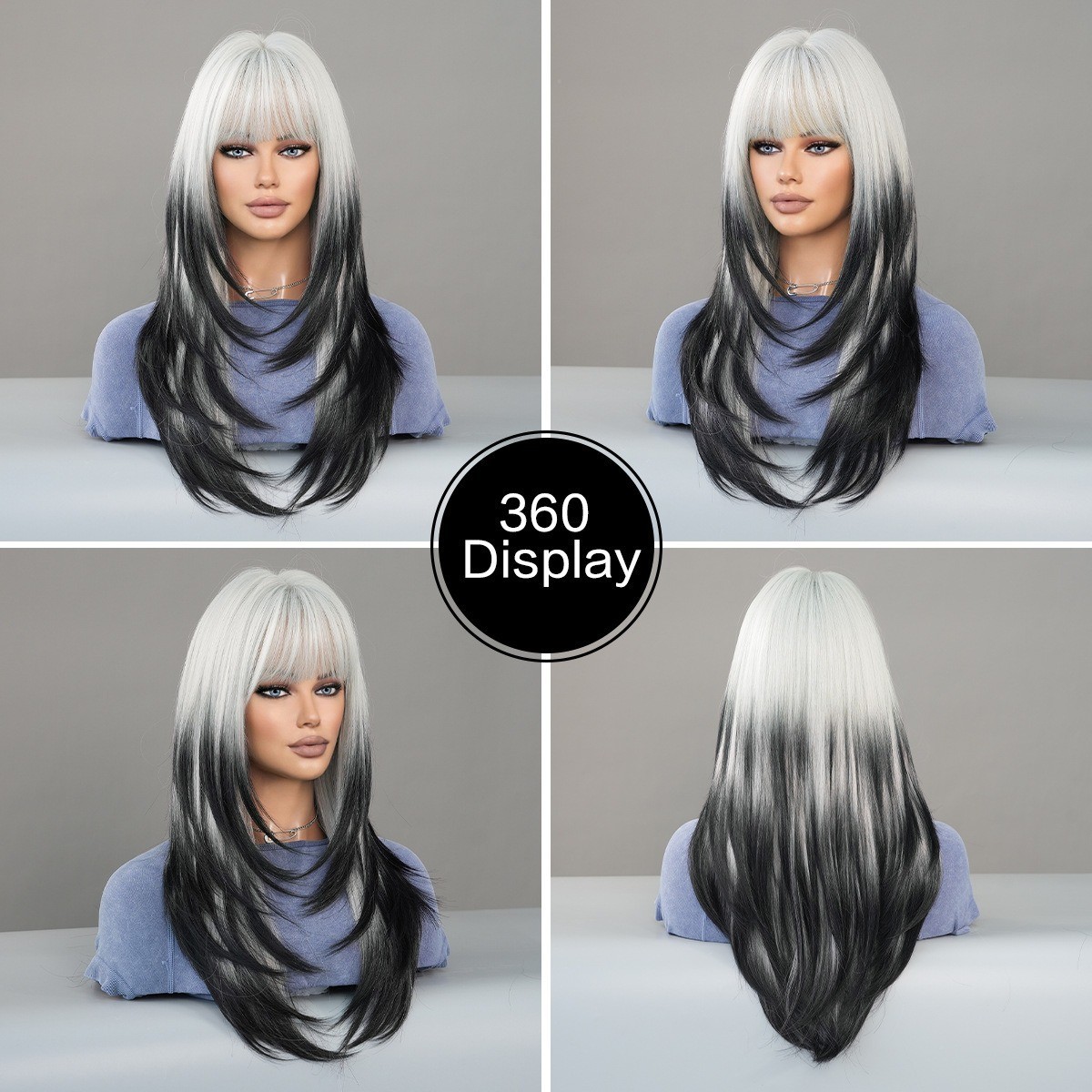 Silver-white gradually darkening black long straight hair high-level wig