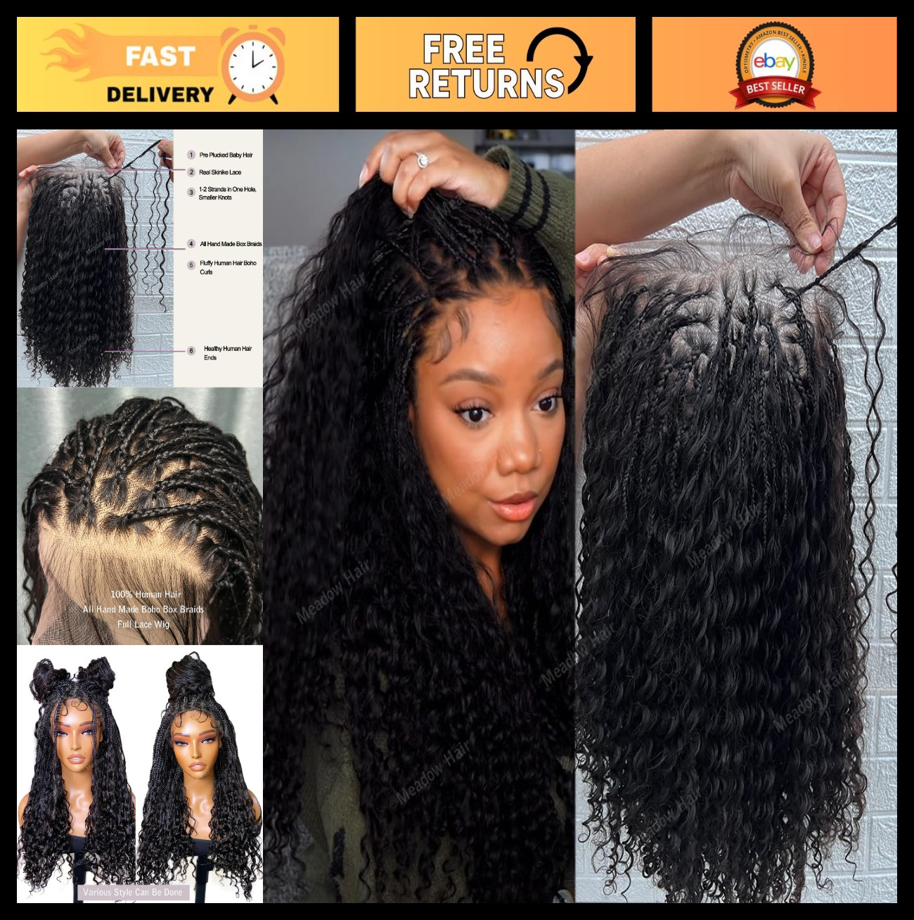 Boho Box Braids Wig – 12″ Full Lace Human Hair, Glueless, Pre-Plucked, Knotless
