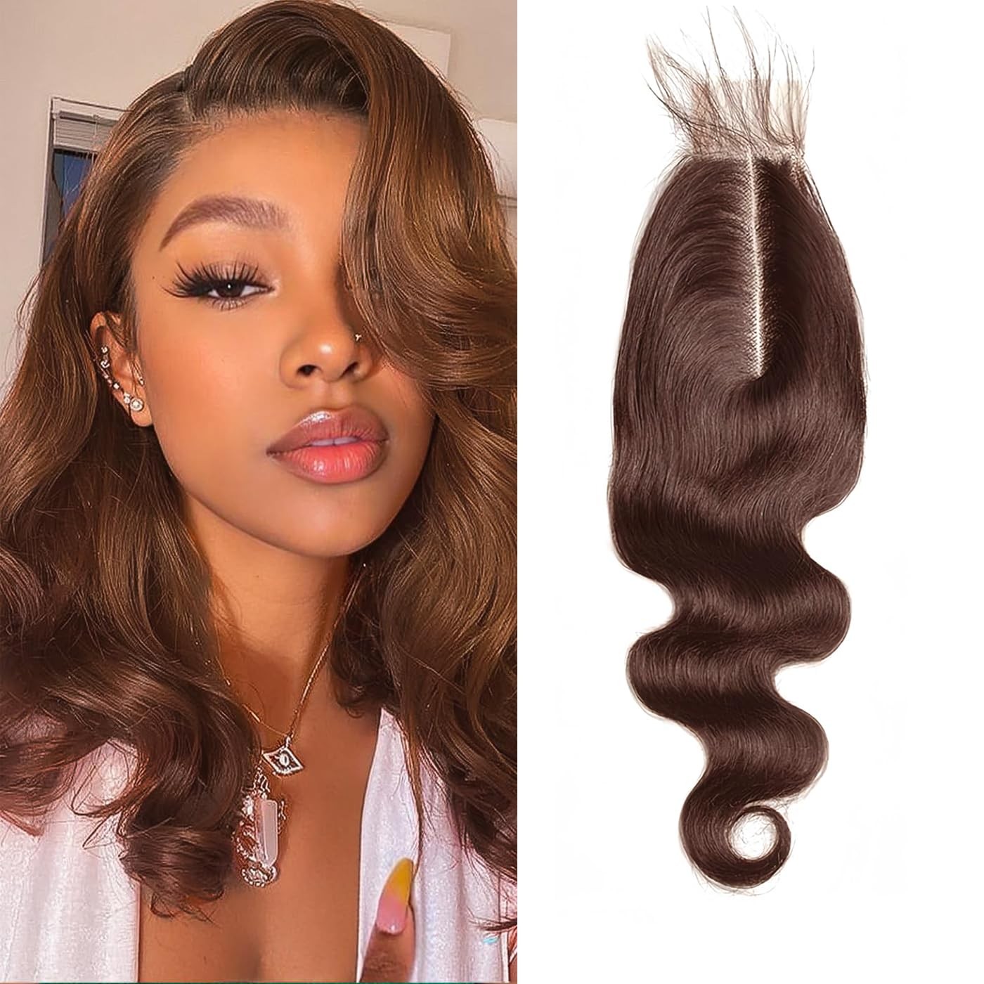 Brown Closure Human Hair #4 Color Long Deep Part 2×6 Transparent Lace Closure Un