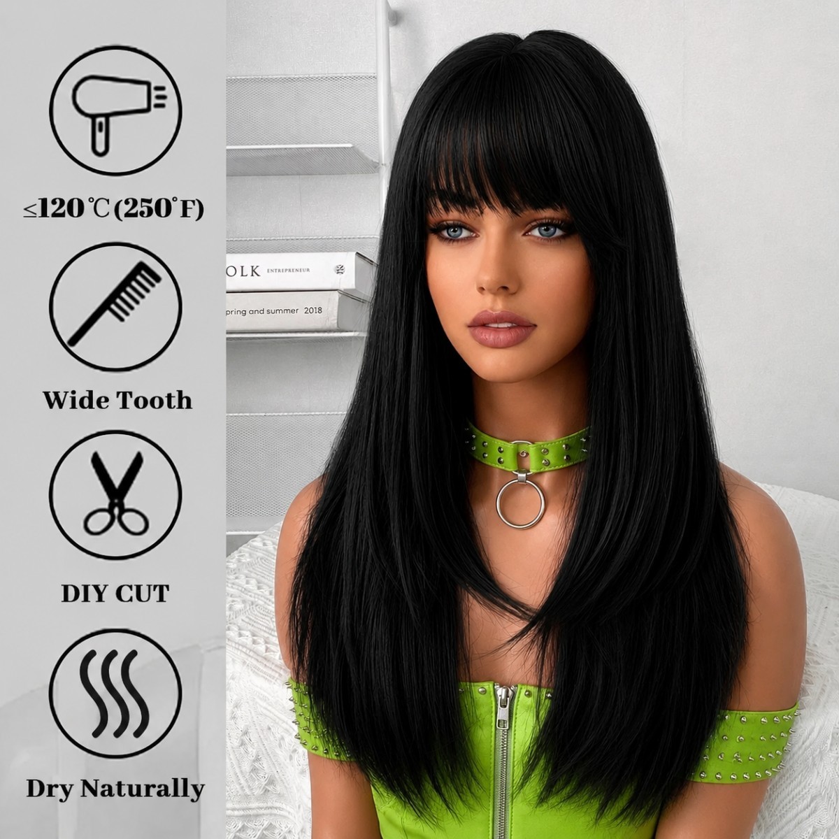 Cosplay Wig With Fringe Long Straight Natural Synthetic Hair Black