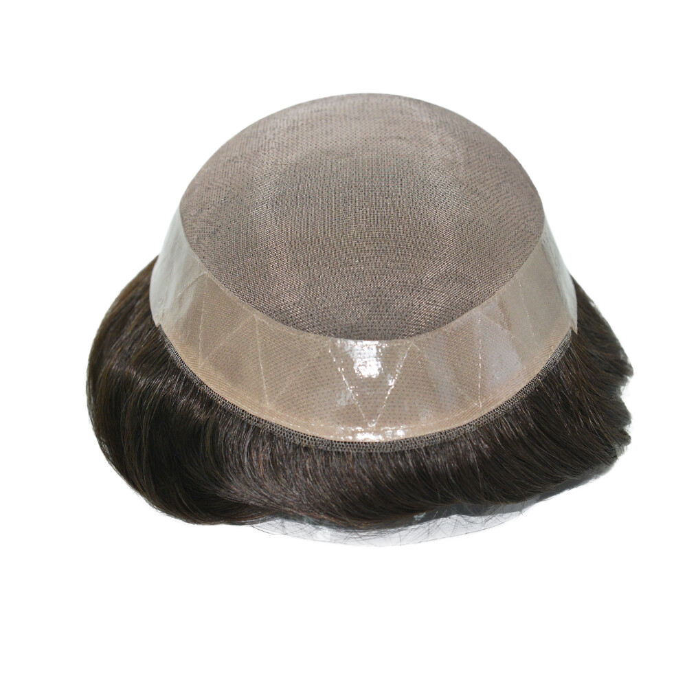 Mens Human Hair Replacement System Hairpiece Fine Mono Poly Skin Toupee BROWN