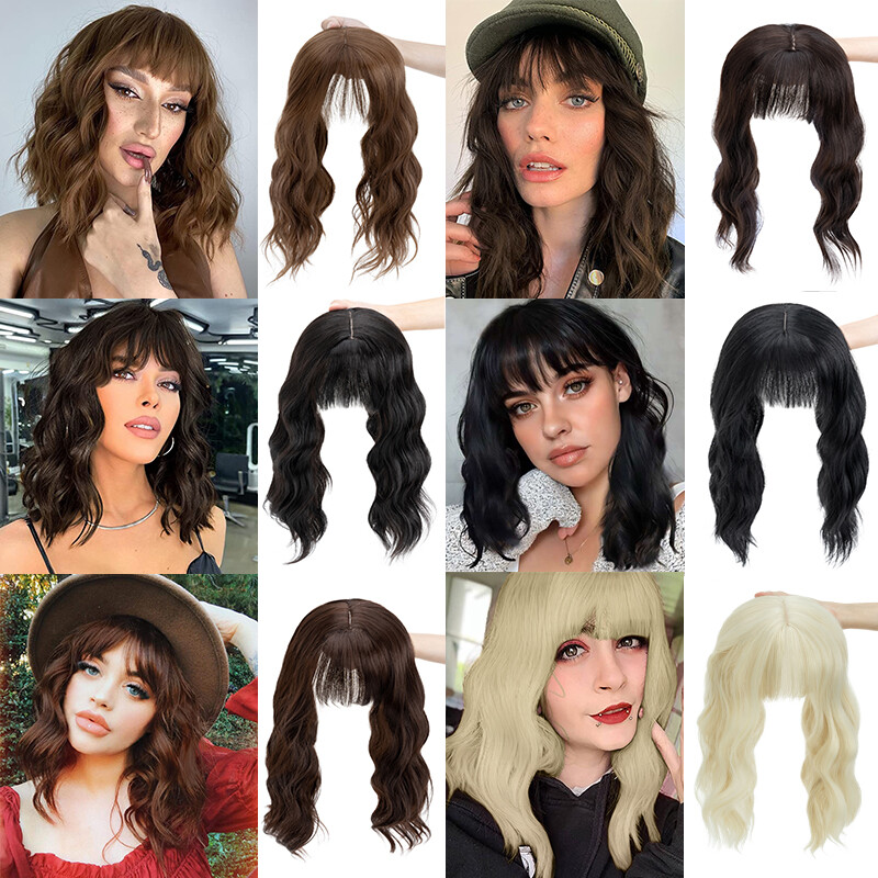 Natural AS Human Hair Topper Toupee Hairpiece Silk Base Wigs with Bangs Wave US