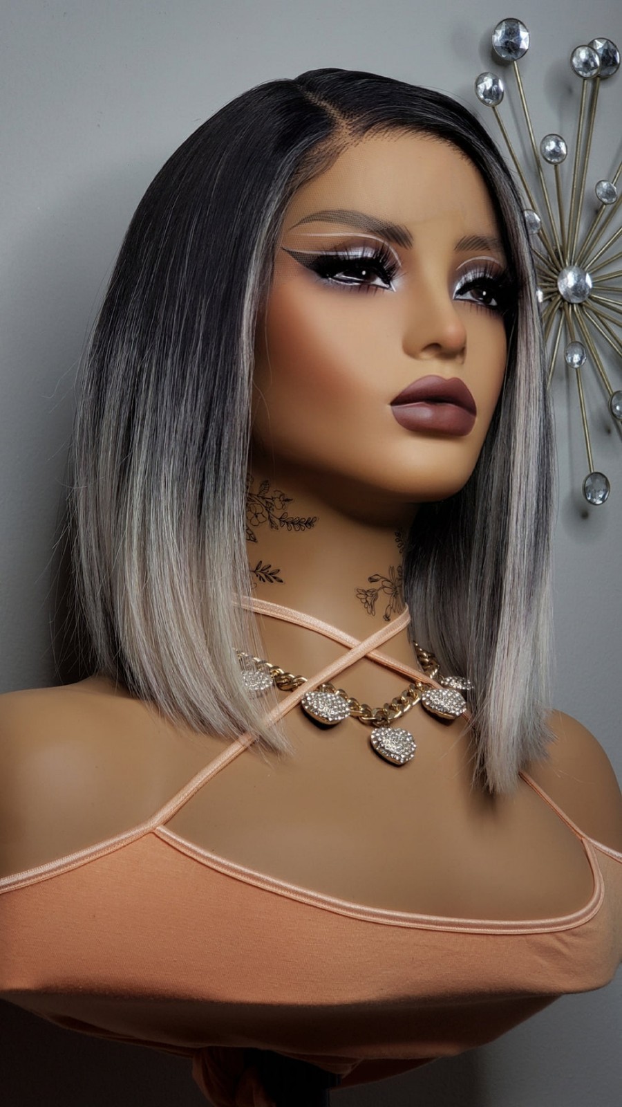 New Black Rose Gold Short Bob Wrap Style Lace Front Wig Womens Fashion Hair Wigs