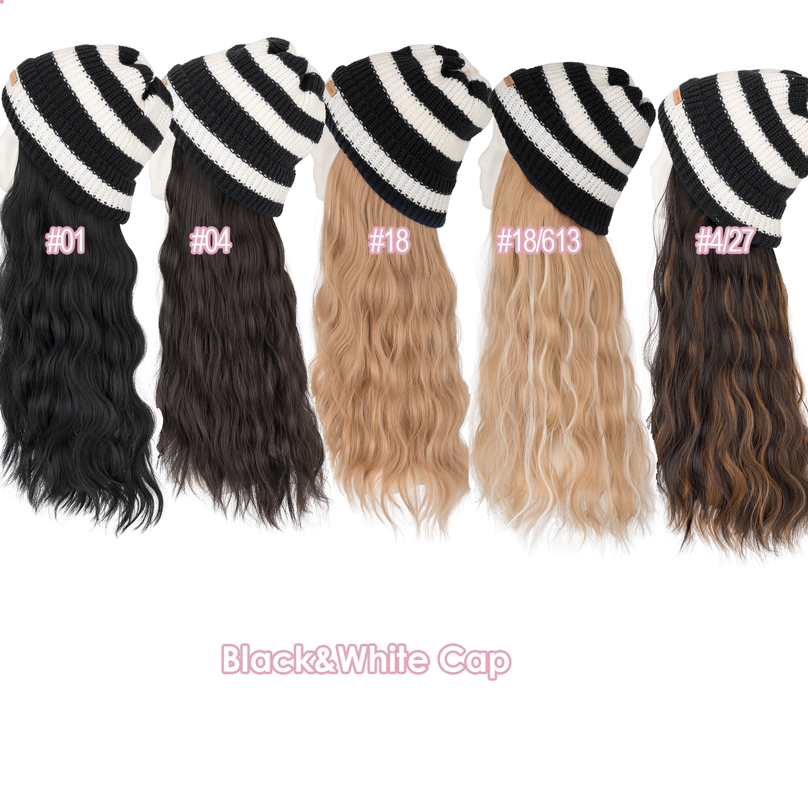 Winter Warm Knit Beanie Hat with Long Wavy Straight Synthetic Hair Wig for Woman