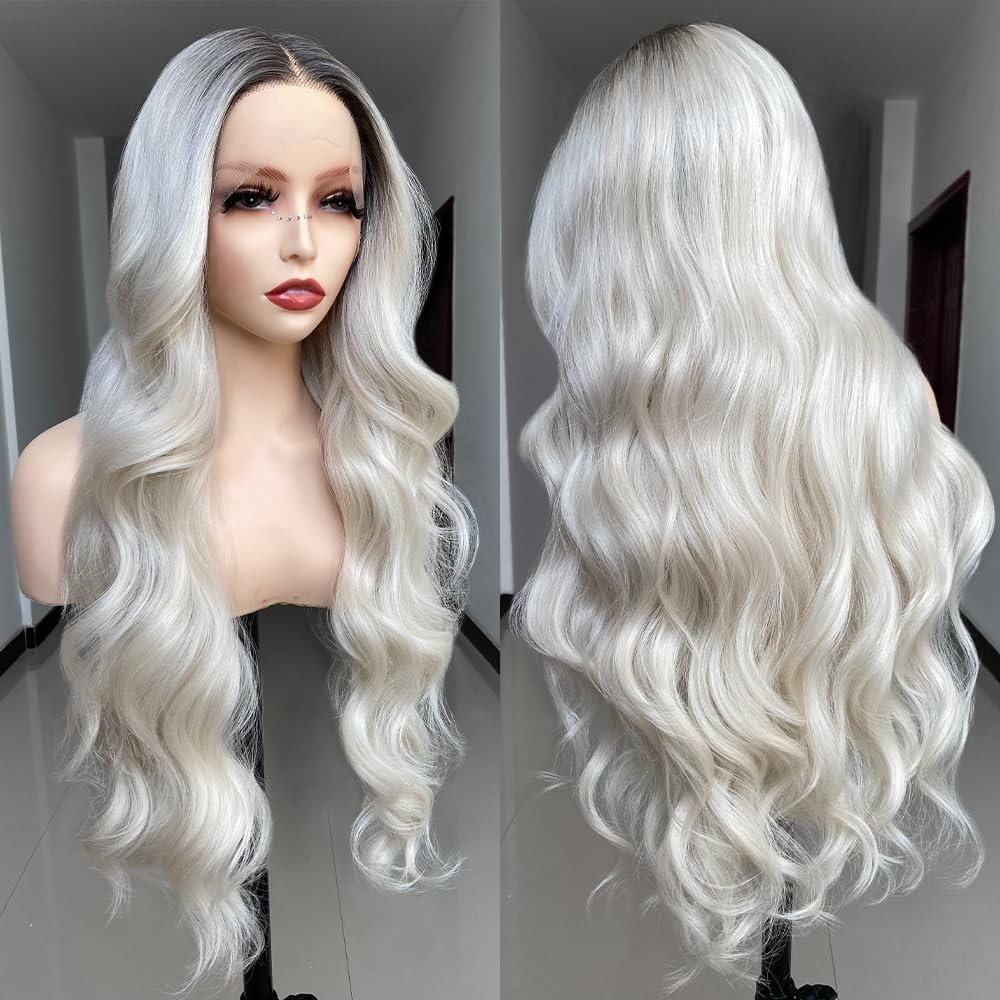 Lace Front Wig Human Hair Blend Ombre White Body Wave Wigs