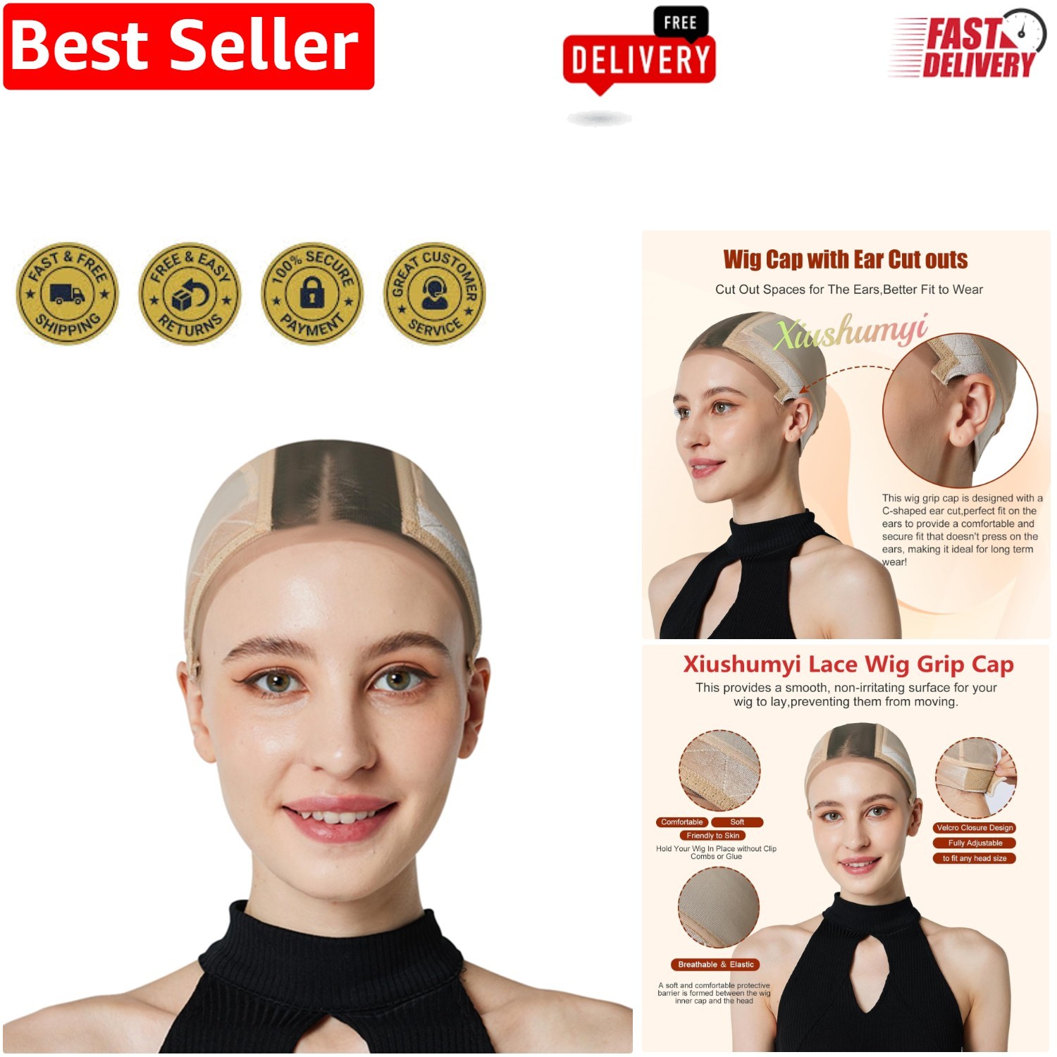 Soft and Breathable Lace Wig Cap with Adjustable Grip Band – Seamless Nude