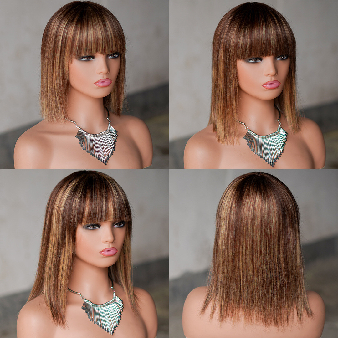 Women Short Bob Wigs Human Hair Wigs with Bangs Brown Blonde Highlight Wigs