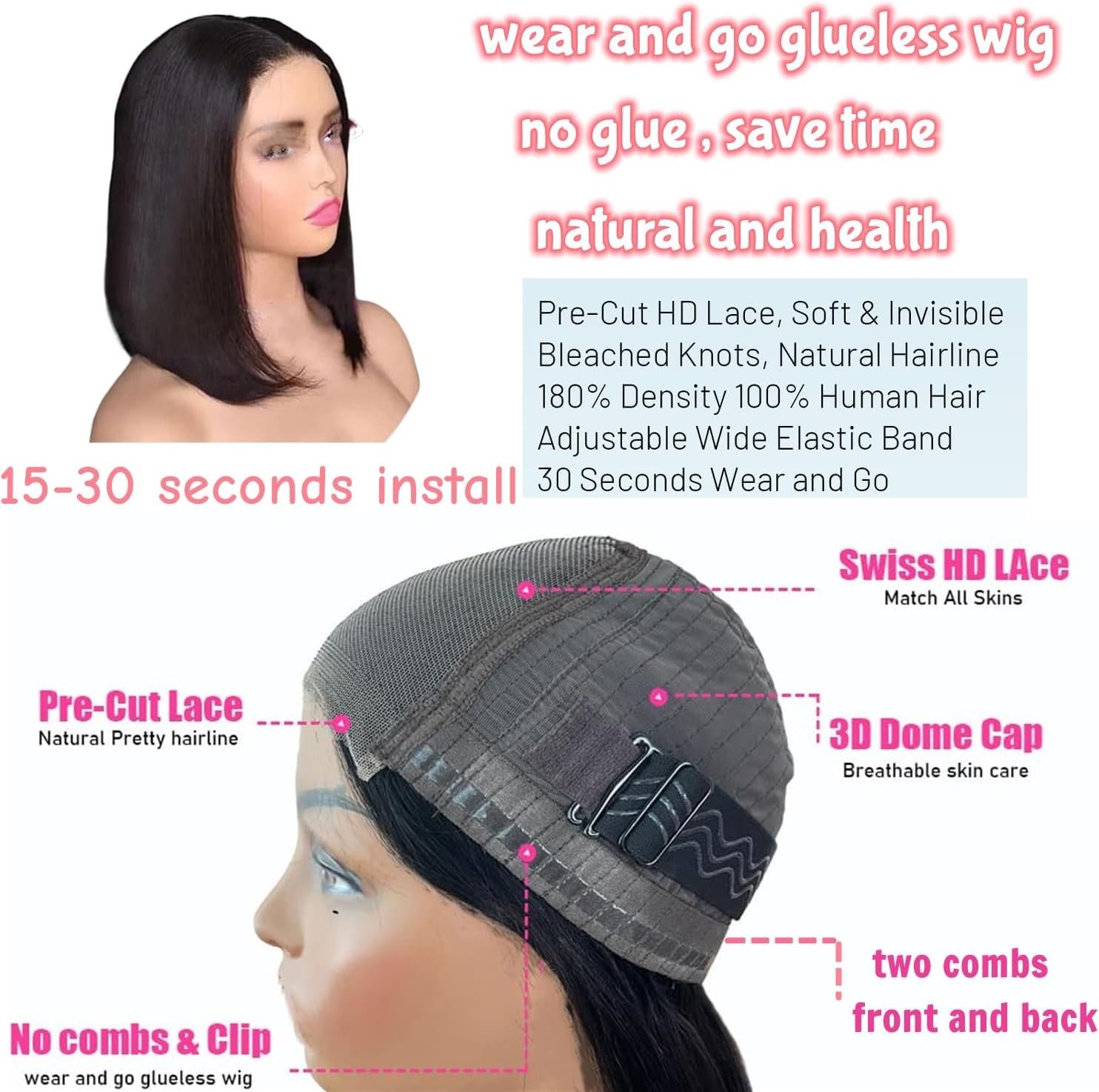 Wear and Go Glueless Bob StraightWig Human Hair Pre Plucked Pre Cut 4×4 Lace Wig