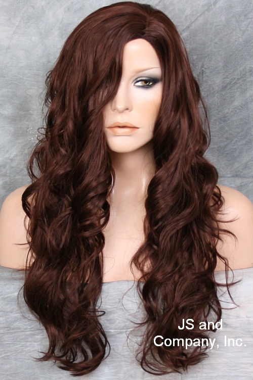 LONG spiral curly WIG Dark Auburn Side skin top Hair 33 JSOB