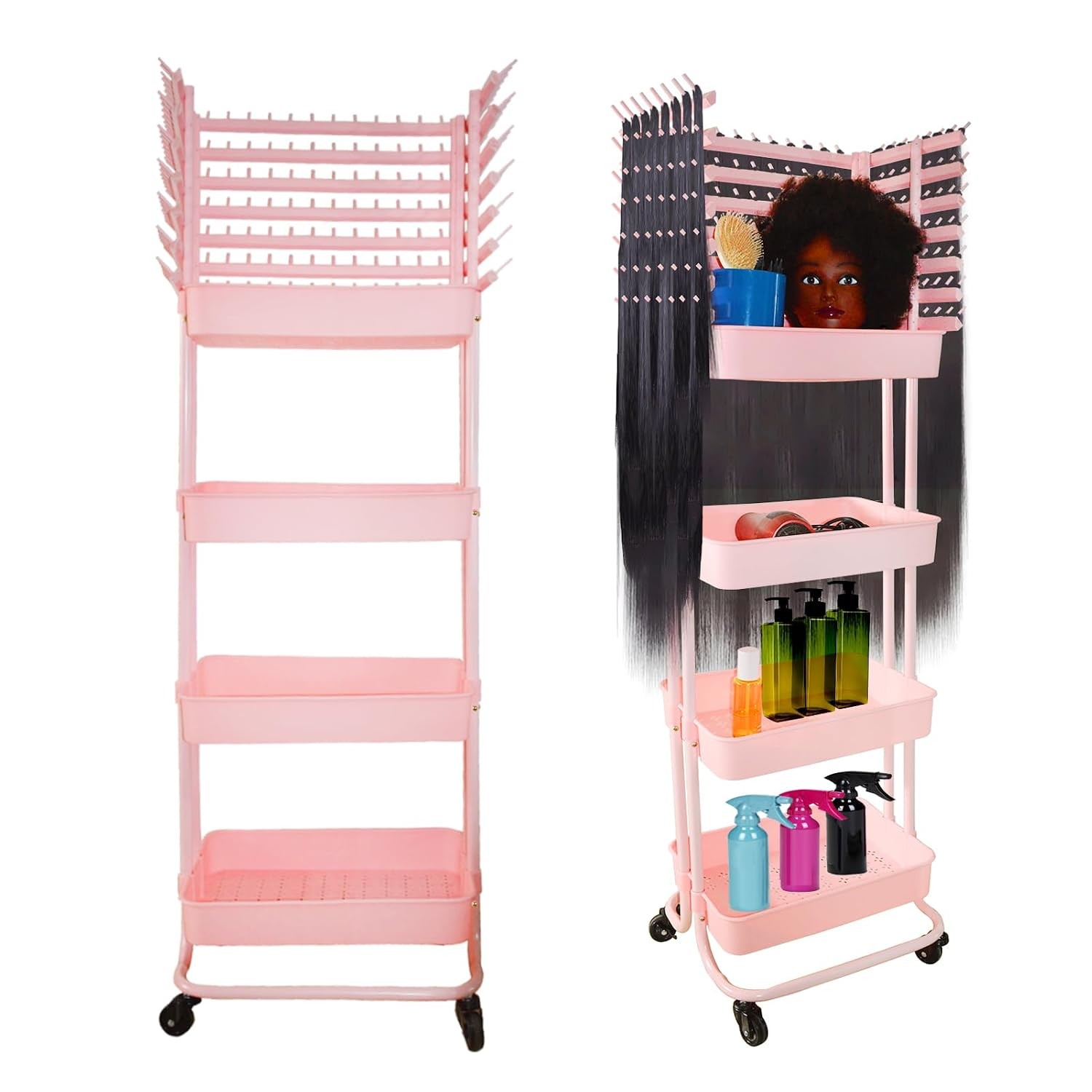 196 Peg Braiding Hair Rack 4 Tier Storage Cart Pink Salon