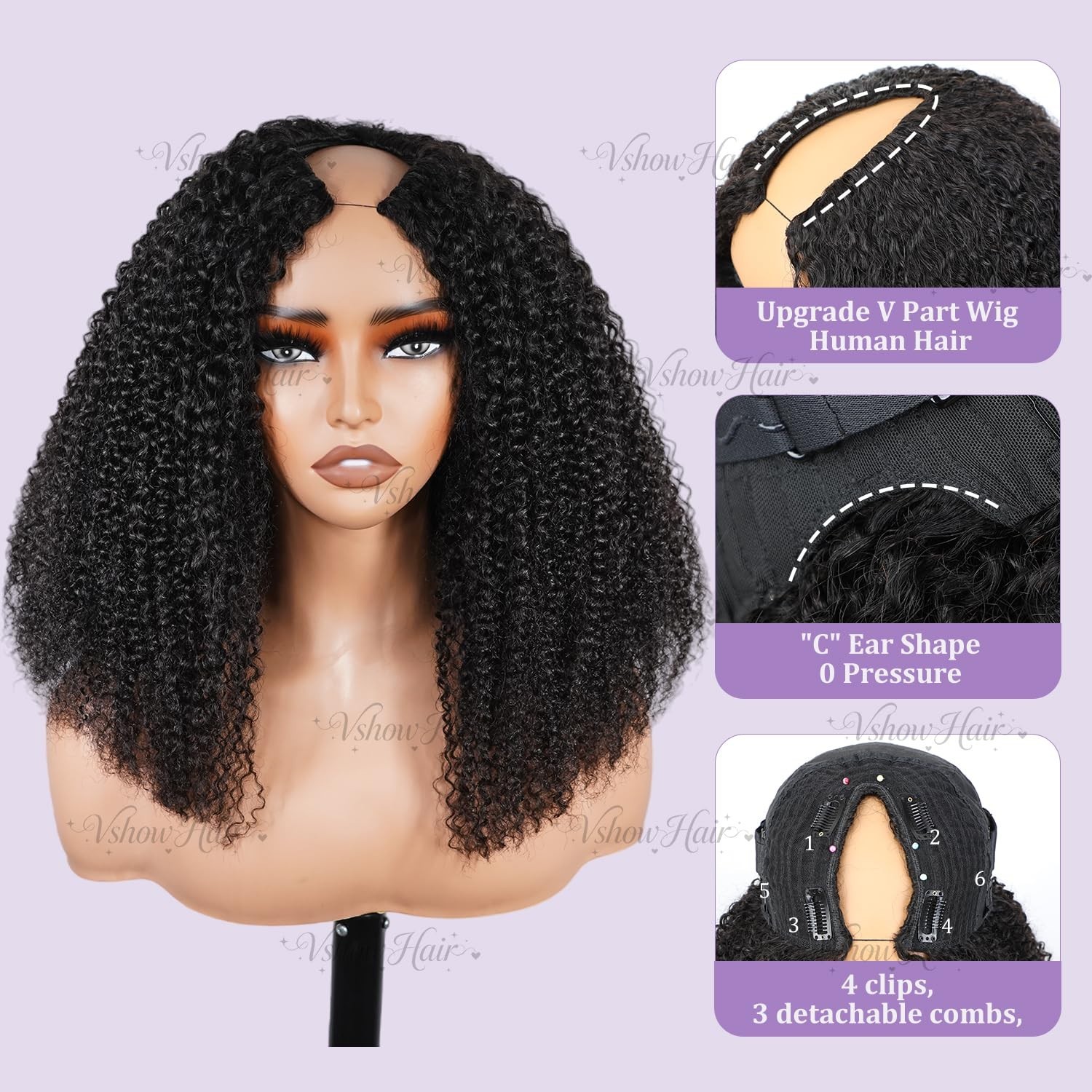 20″ Afro Curly V Part Wig – Glueless Human Hair, 180% Density, Kinky Curly, Natu