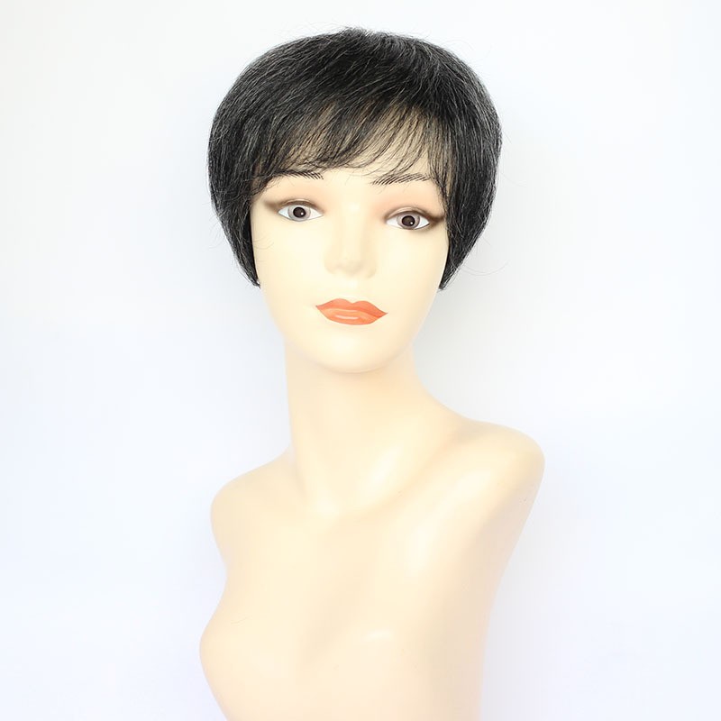 Short Grey Mixed Black Grey Pixie Cut Salt and Pepper Pixie Wigs with Bangs