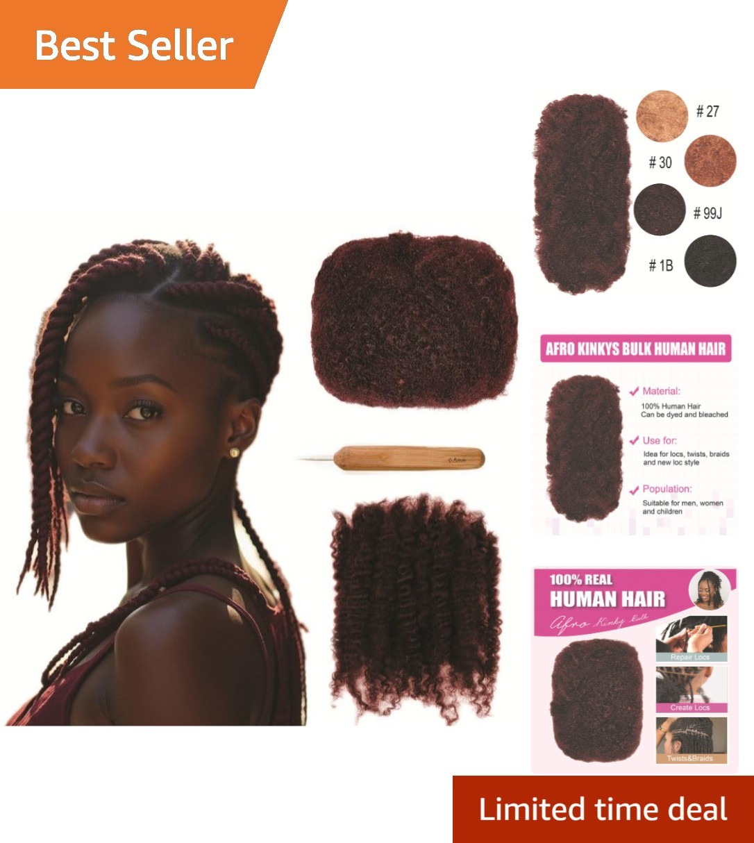 30g 100% Real Human Hair Bulk – Kinky Curly Afro Bundles for Natural Styles