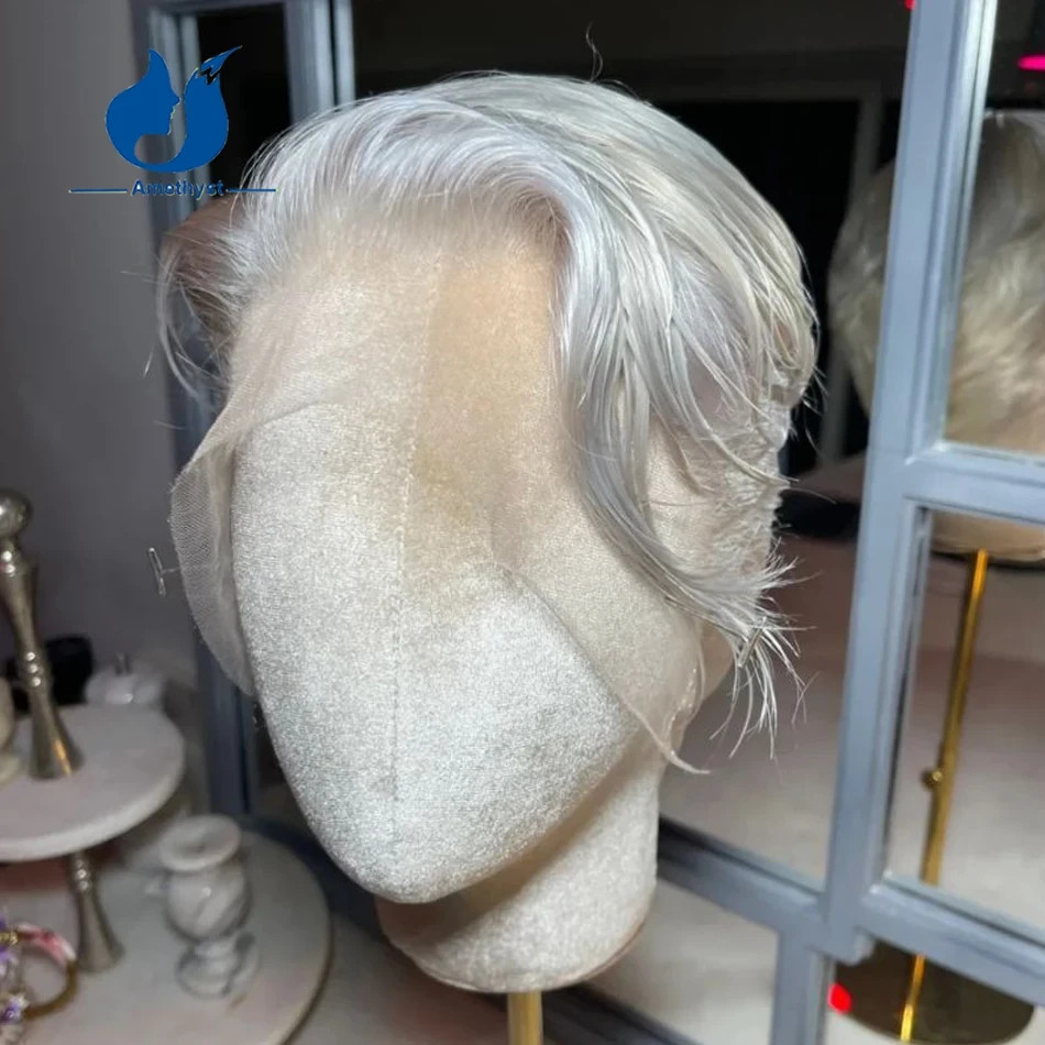 White Platinum Blonde Short Pixie Cut Male Wig Human Hair Full Lace Wig For Men