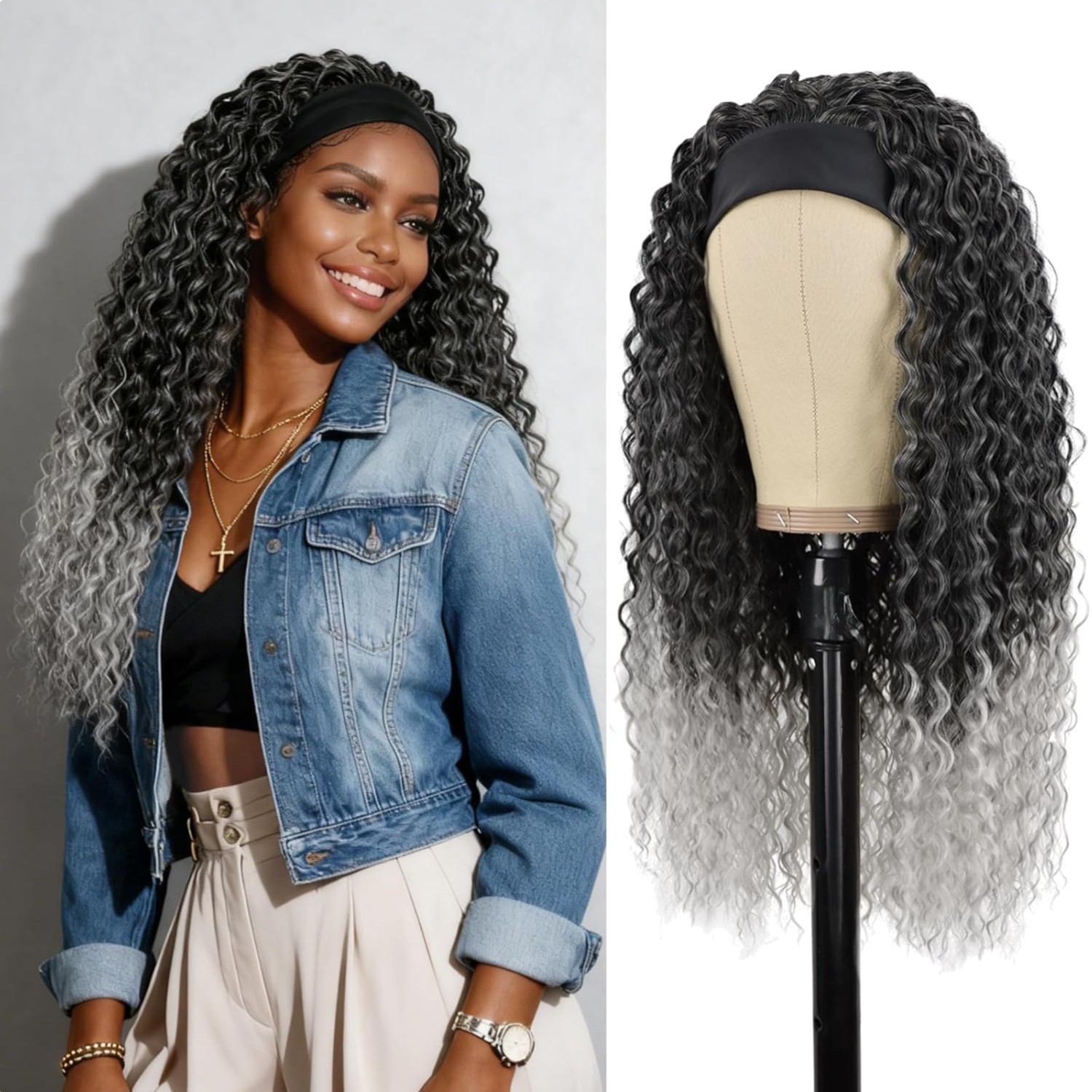 Headband Grey Wigs for Black Women Heat Resistant Synthetic Curly Headband Wi…