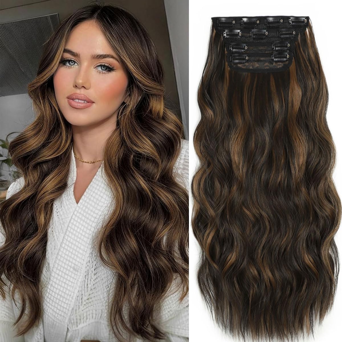 Balayage Clip In Hair Extensions Long Wavy 4PCS Highlight Curly Hair Extensio…
