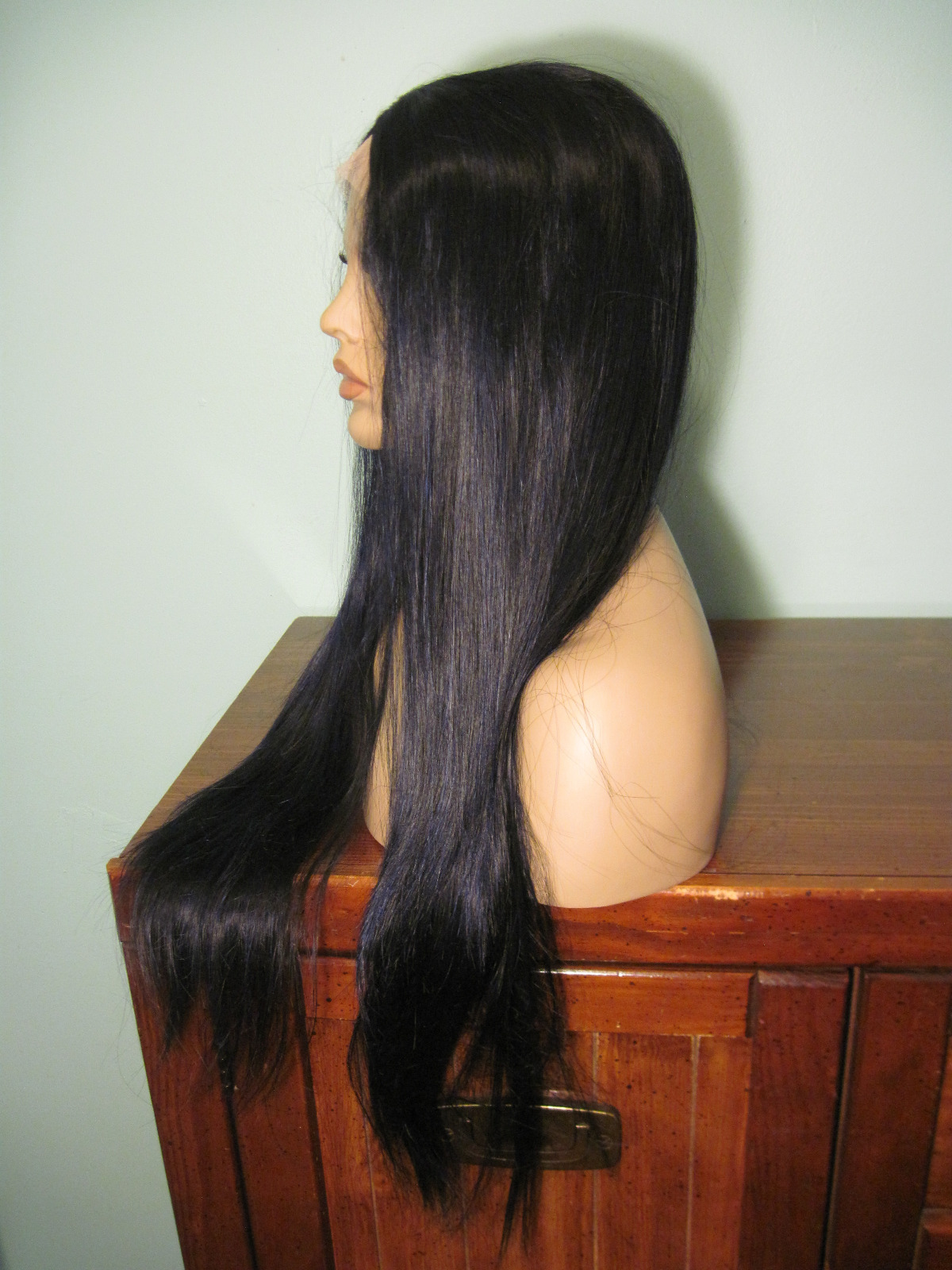 30″ straight, long, black lace front hand tied wig – Vamp – purple highlights