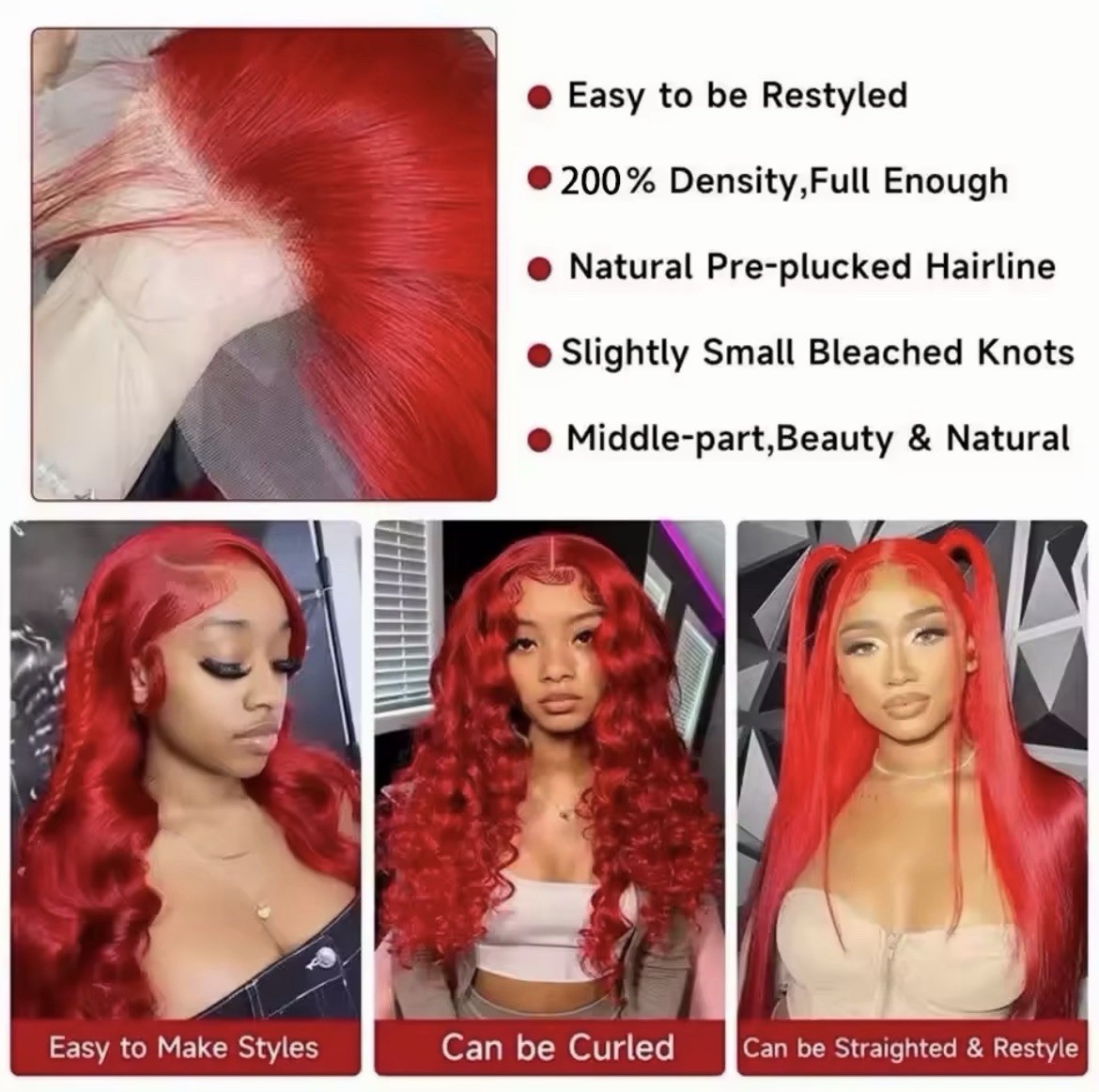 Glueless Lace Front Wig Straight Red Middle Part Pre-Plucked Bleached Knots
