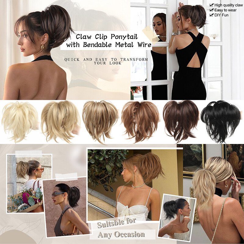 Short Jaw Claw on Ponytail Bendable Clip in Pony Tail Hair Extensions Messy Bun
