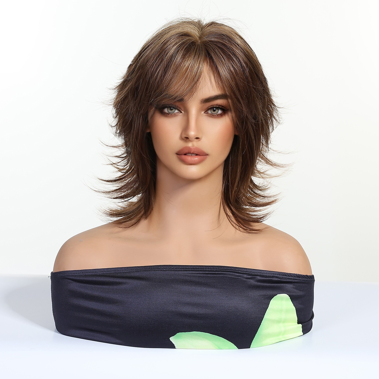 Brown Highlights Blonde Wig with Bangs Layered Mullet Wig for Women Girls Party