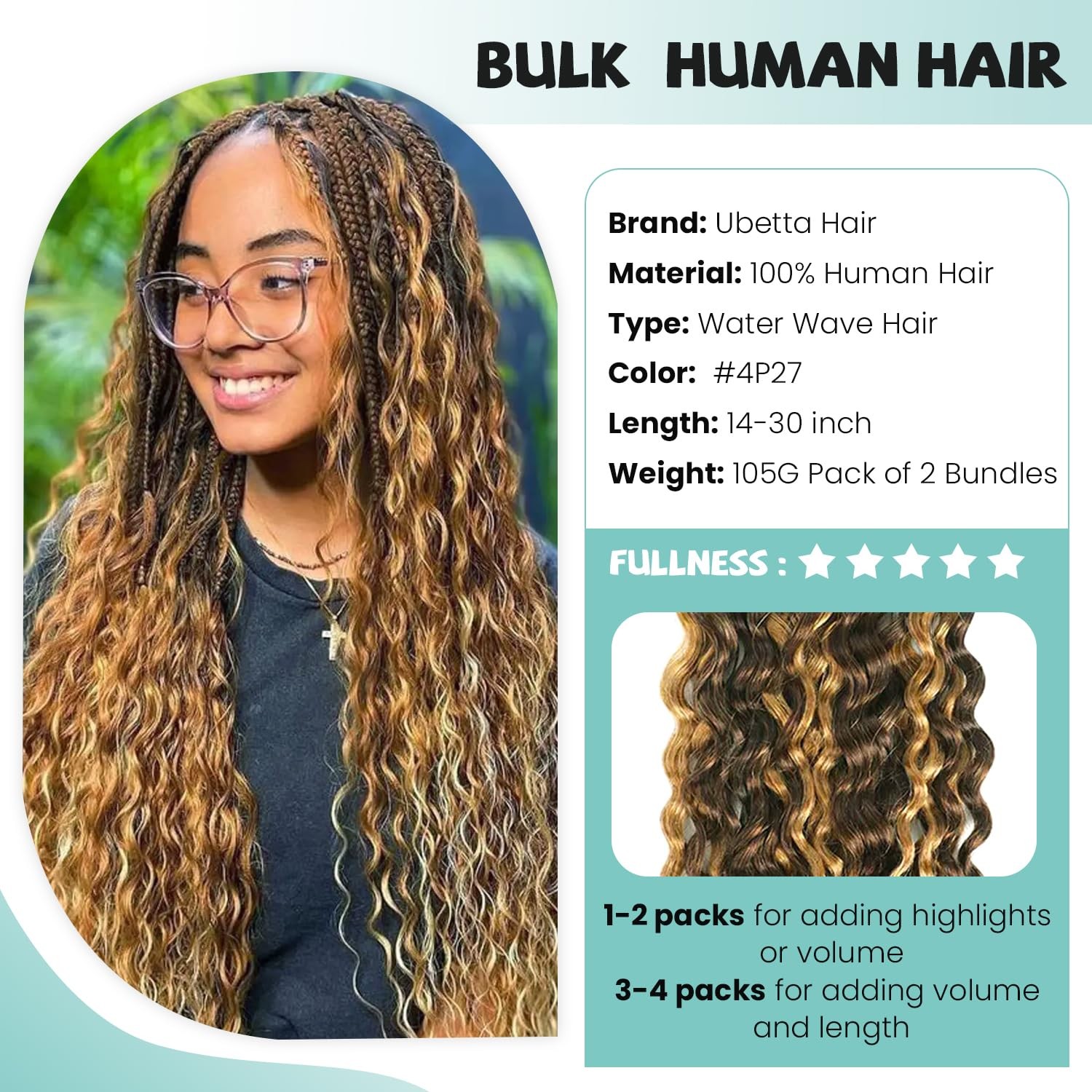 Ubetta Human Braiding Hair Deep Water Wave Bulk Human Hair 4/27 Wet And Wavy
