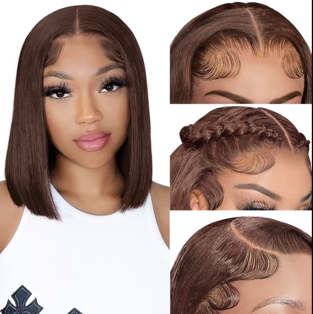 16 inch Glueless lace front wig (human hair) Straight bob. Auburn/Med brown