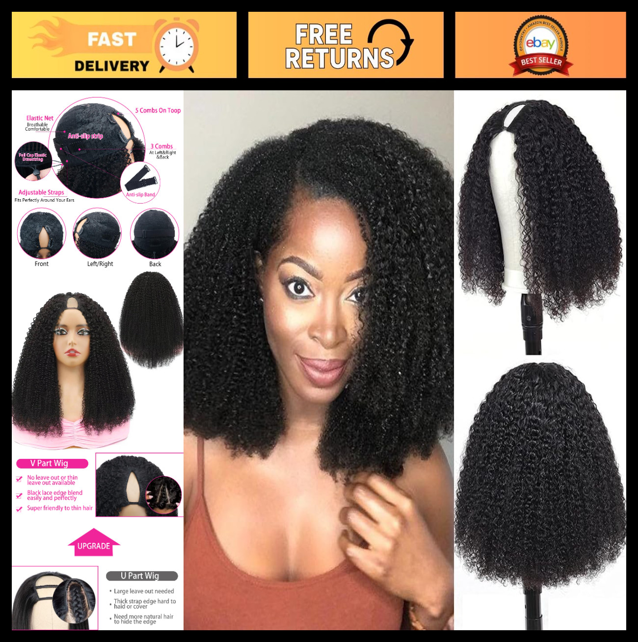 200% Density Afro Kinky Curly V Part Human Hair Wig – Beginner Friendly, 16 Inch