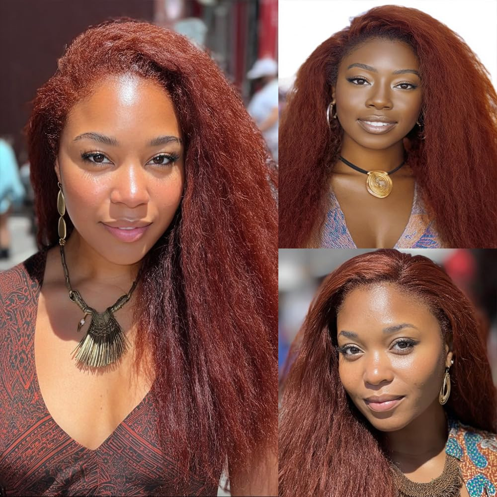 Color 33 Auburn Yaki Straight Bundles Human Hair Reddish Brown Kinky Straight