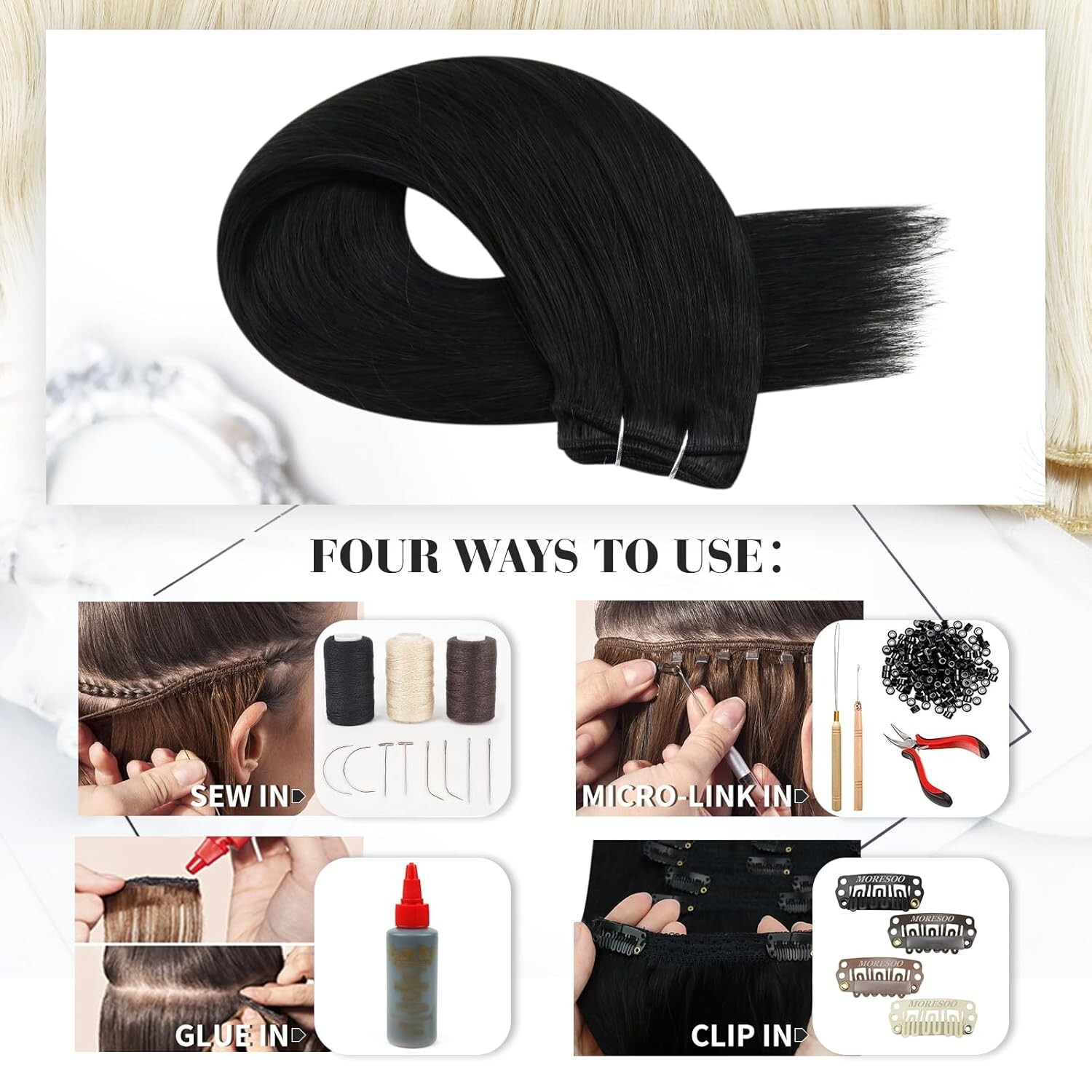 Versatile 100g Sew In Hair Extensions – Double Weft, Off Black, 20 In Length