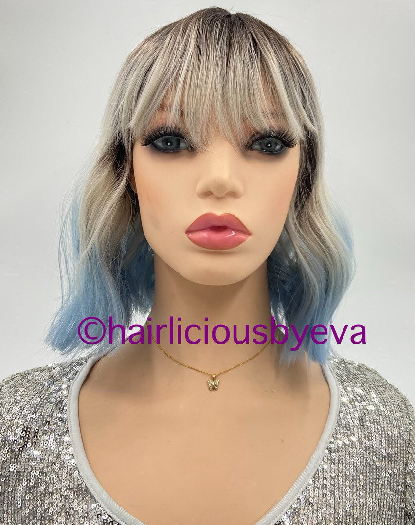 Bob Wig With Bangs Blue Gray Black 12 Inch Long Heat Ok