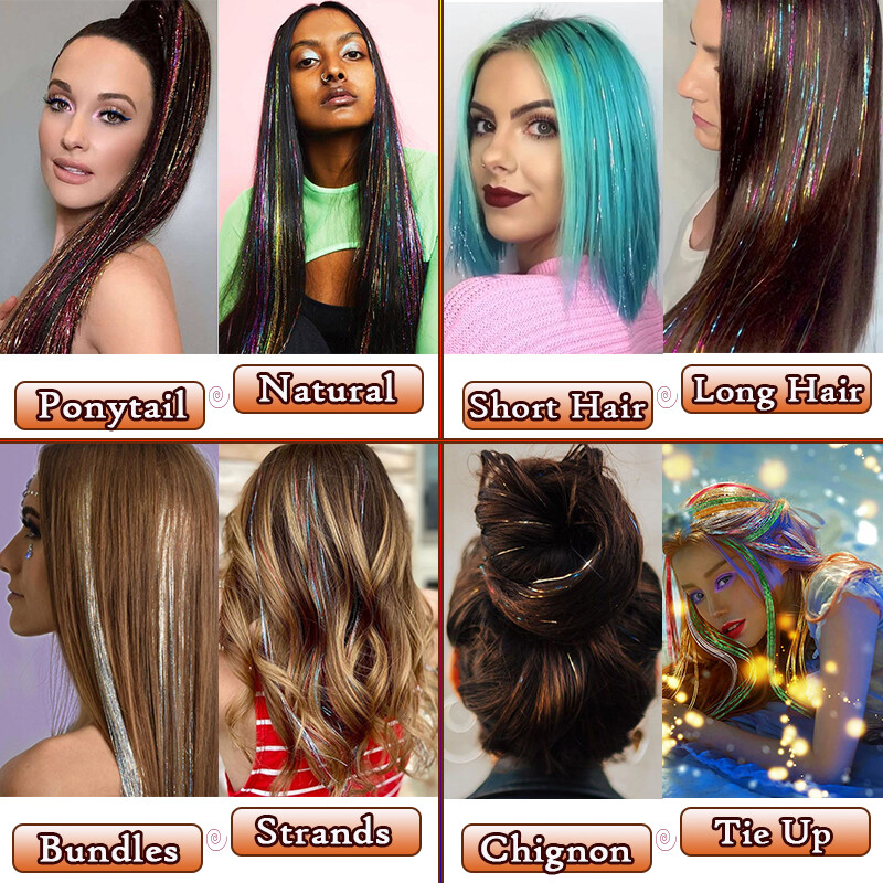 47In Hair Tinsel 4400Strands 12 Colors Sparkling Holographic Extensions Glitter