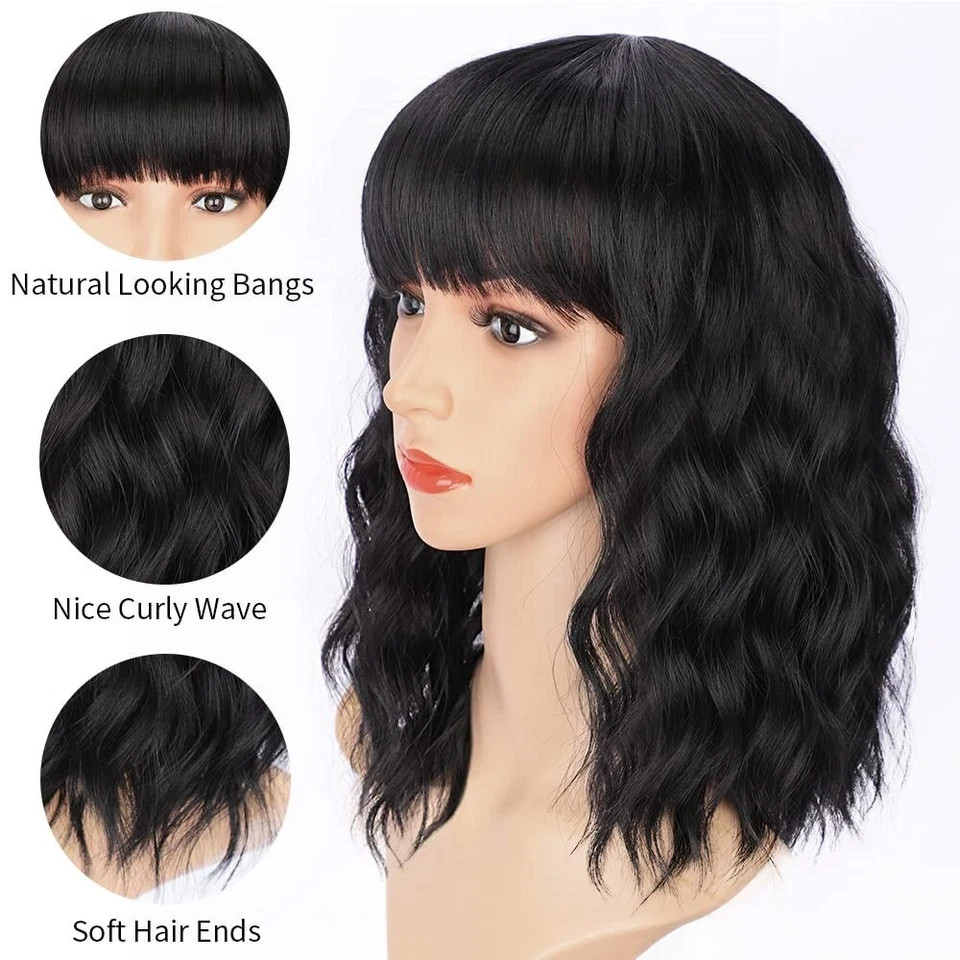 AISI HAIR Bob Curly Wig Synthetic Short Black Wig w/ Bangs natural For Women