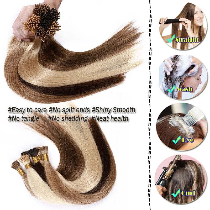 200Strands Stick I Tip Human Remy Hair Extensions Micro Ring Beads Pre Bonded US