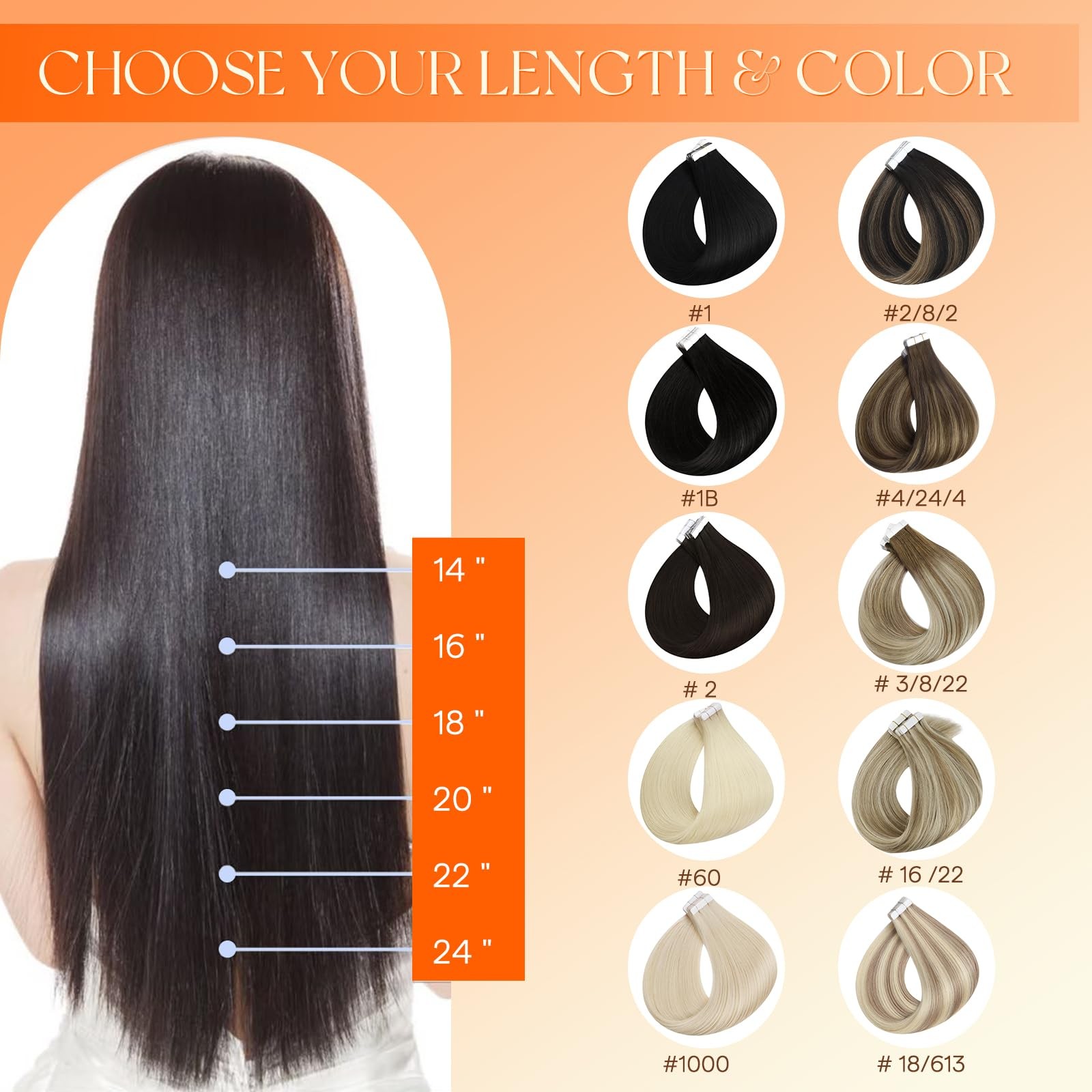 Full Shine Injected Tape In Hair Extensions 1B Natural Black Human Hair
