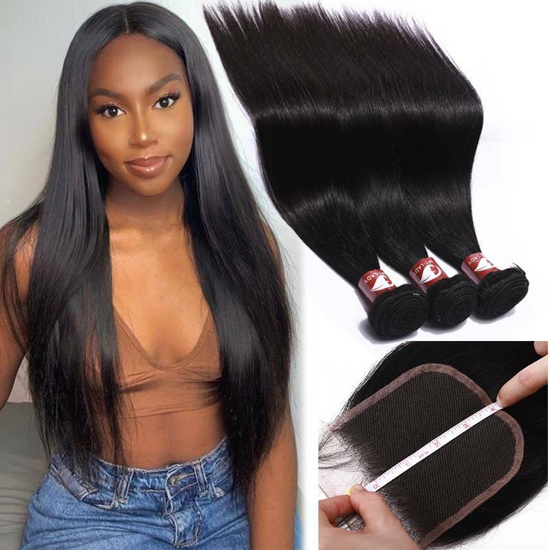 US HOT Virgin Human Hair 3Bundles with 4*4Lace Closure Peruvian Unprocessed Weft