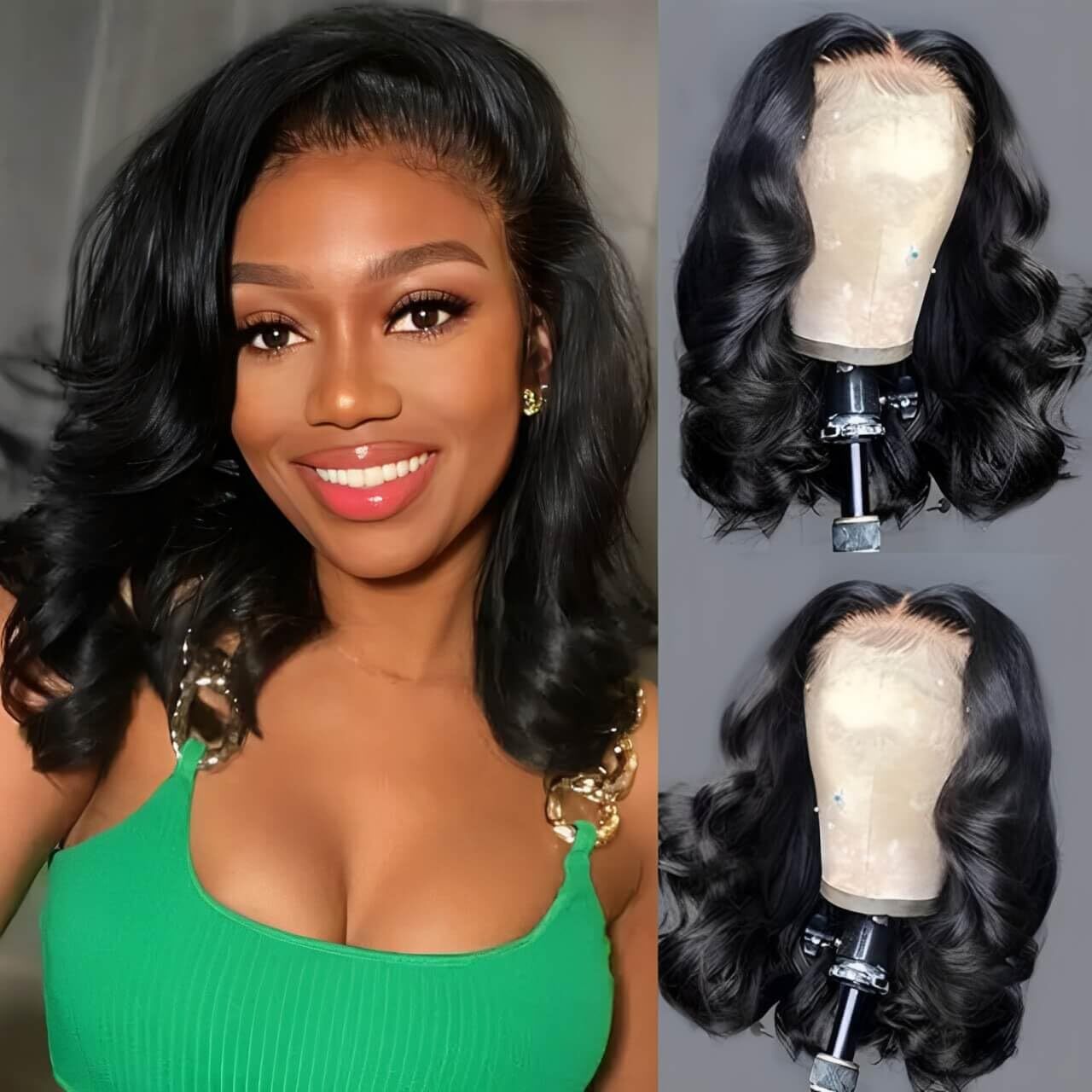 14″ Lace Front Bob Wig Black Natural Hair Body Wave Women Pre Plucked Wigs USA