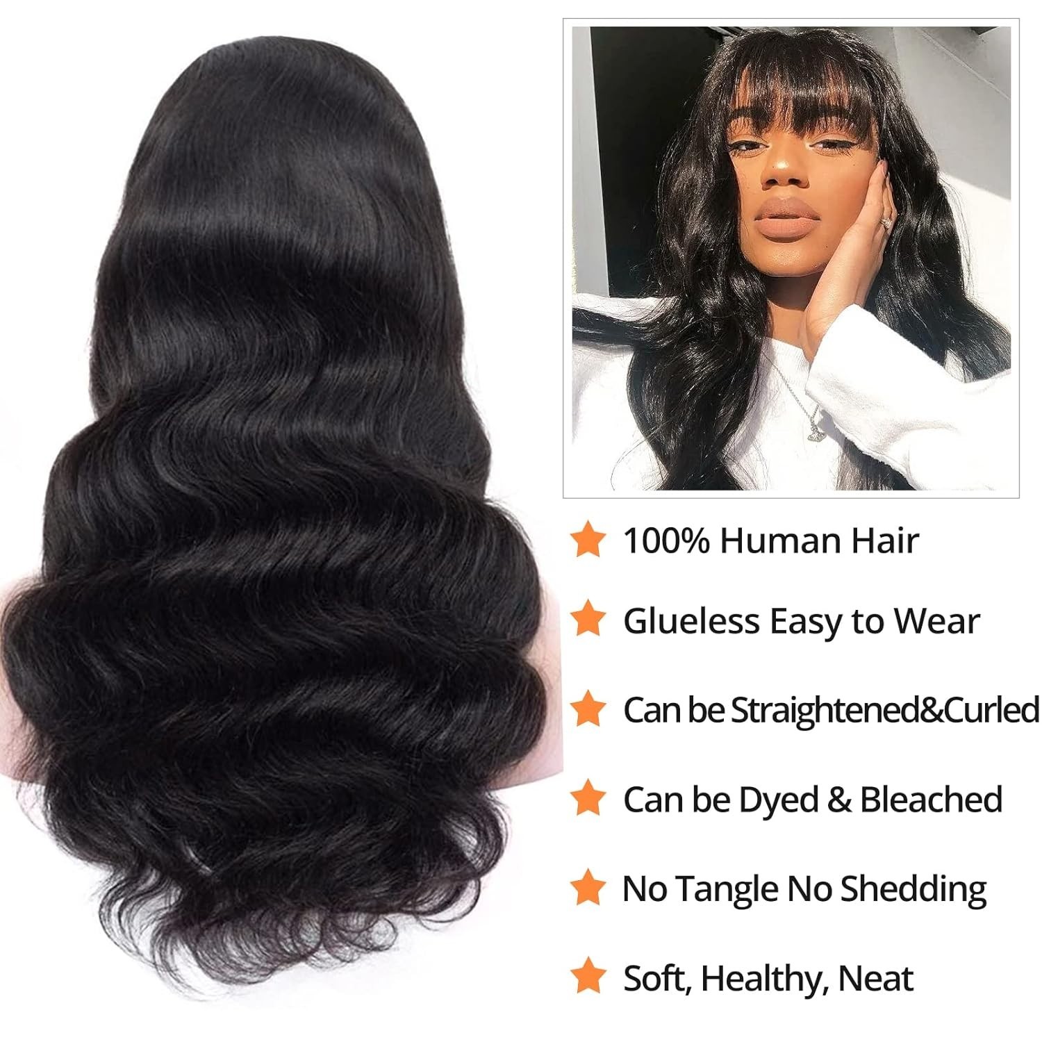 Human Hair Wig With Bangs Brazilian Virgin Body Wave Hair No Lace Front Wig