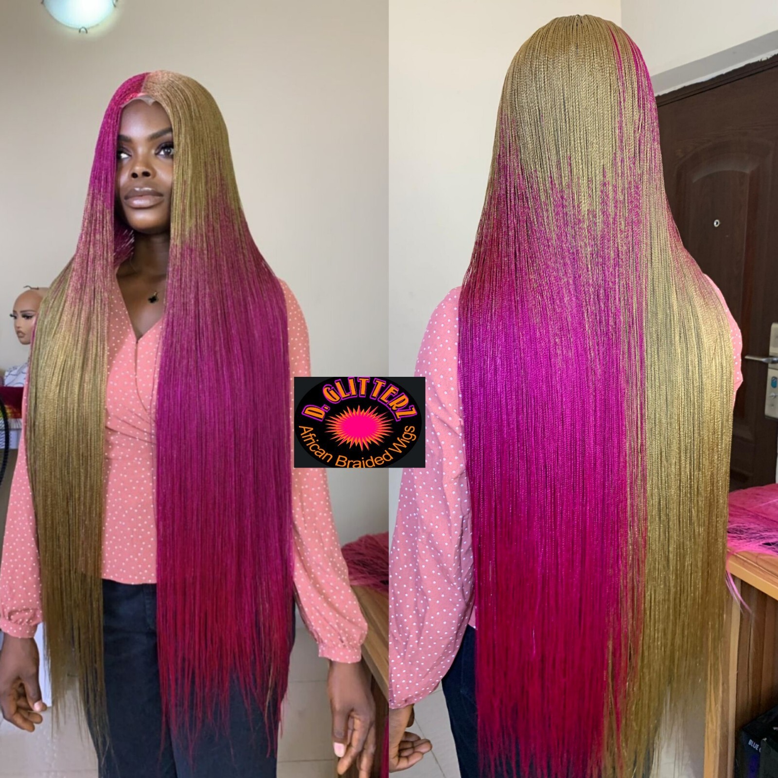 NANO BRAIDED WIG ON HALF CLOSURE (MICRO SENEGALESE TWIST) BURGUNDY AND GOLD 40