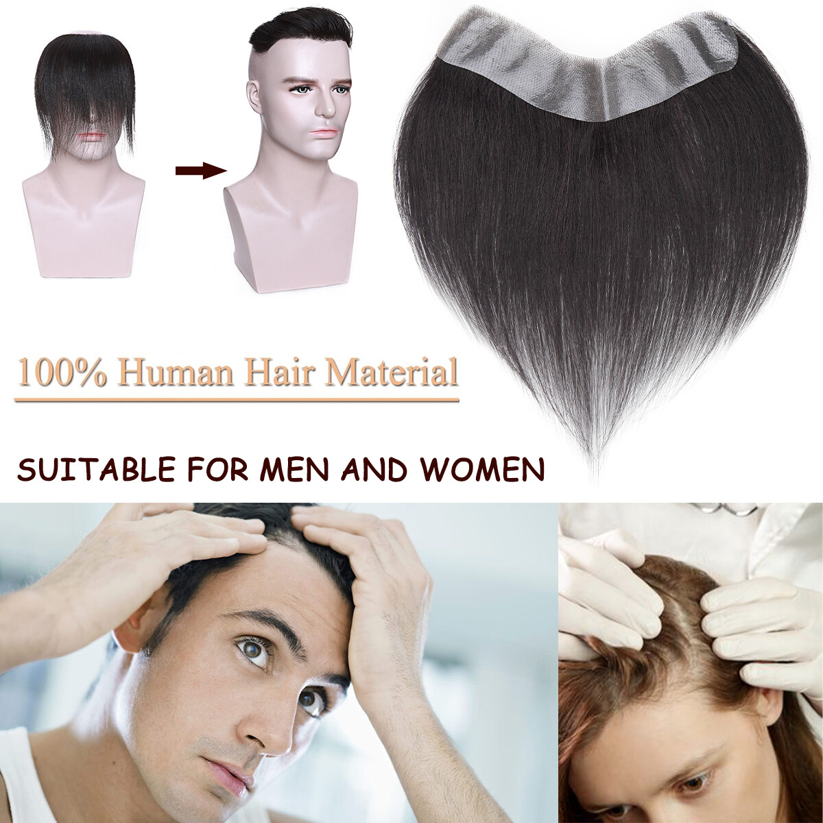 Mens Toupee Human Hair Replacement System V-loop Super Thin PU Skin Hairpiece US