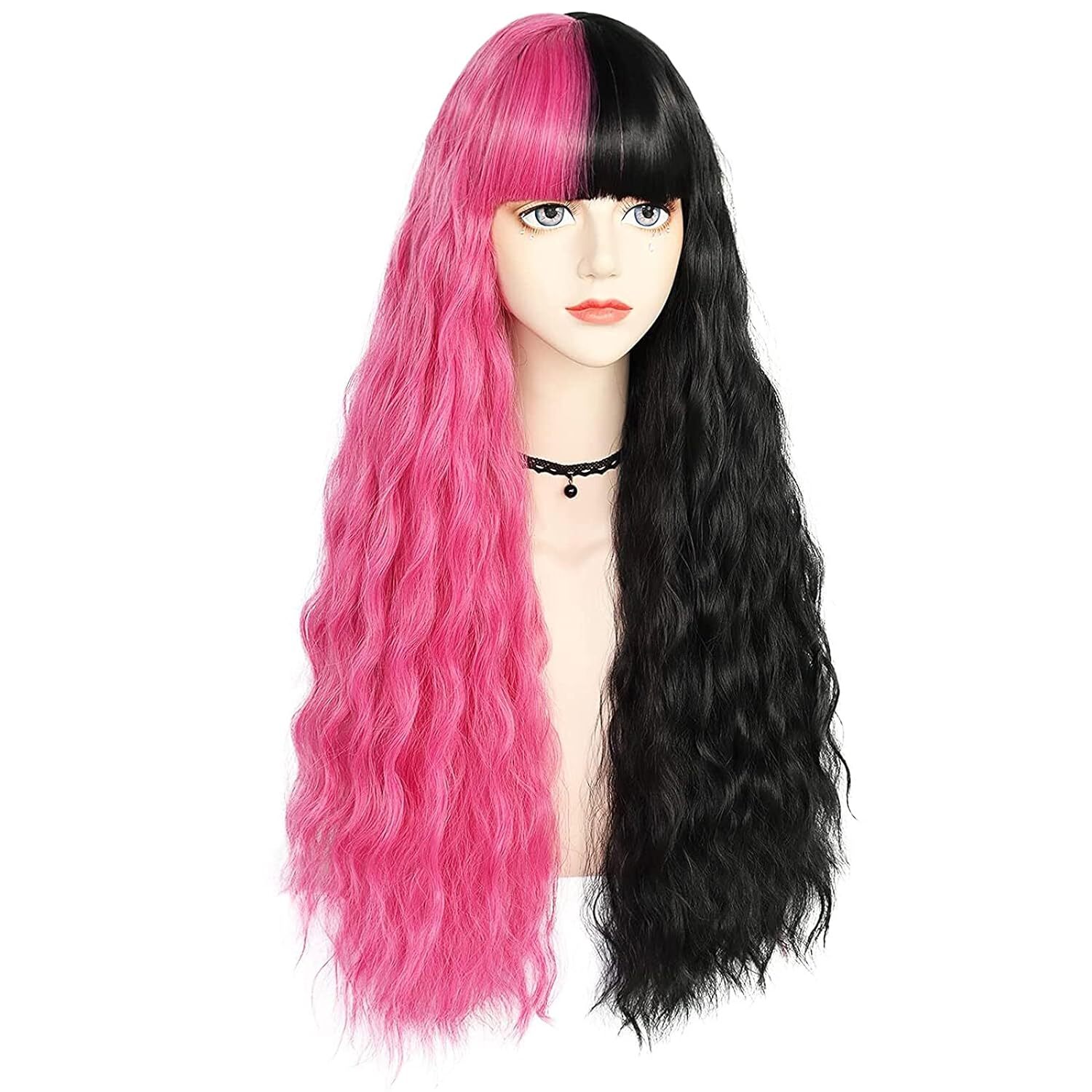 Gorro Para El Cabello+peluca Mitad Rosa Mitad Negra Peluca Ondulada De Cuerp…