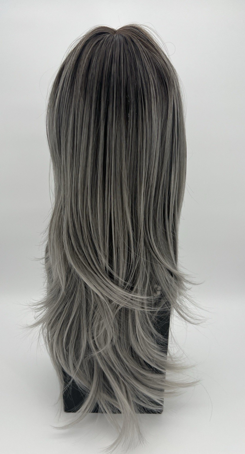 Ombre Gray Brown Tones Side Bangs Long Straight 25in Women Premium Hair Wig