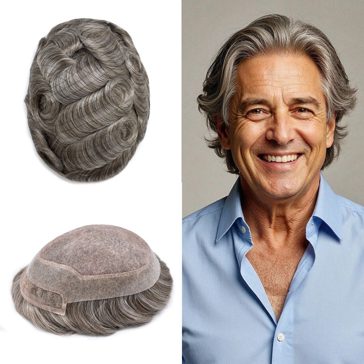Mens Toupee French Lace Front Hair Piece System Fine Mono Poly Skin Wig for Men
