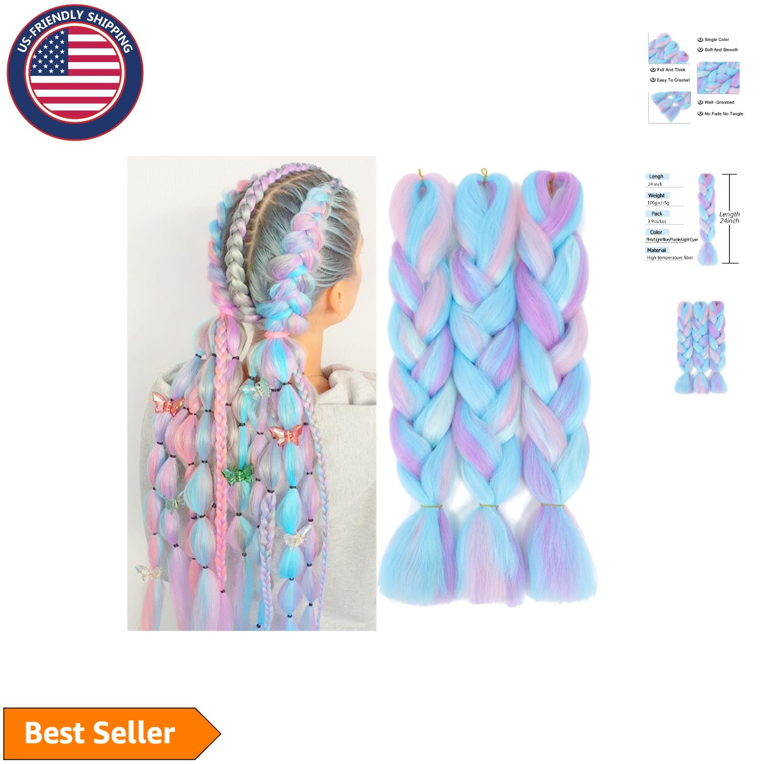 Synthetic 24 Inch Jumbo Braids – Eco-Friendly 3 Pack Rainbow Hair Extensions