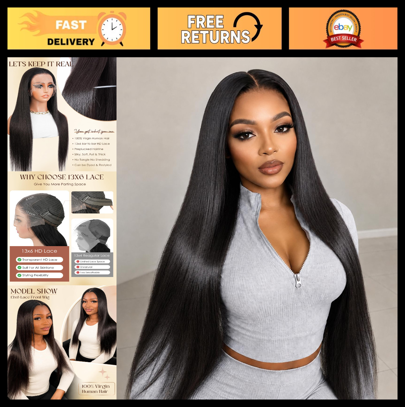 13×6 Lace Front Wig 100% Unprocessed Virgin Human Hair, 200 Density, HD Lace, Pr
