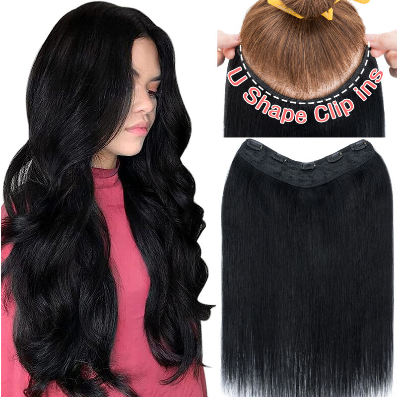 V-Shape Clip In Human Hair Extensions One Piece Weft 3/4 Full Head Thick 16″-20″