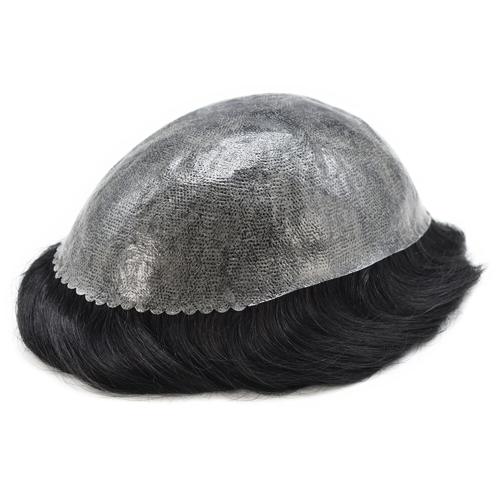 Mens Human Hair Replacement Medium Skin V-loop Scalloped Toupee Hairpiece Wig