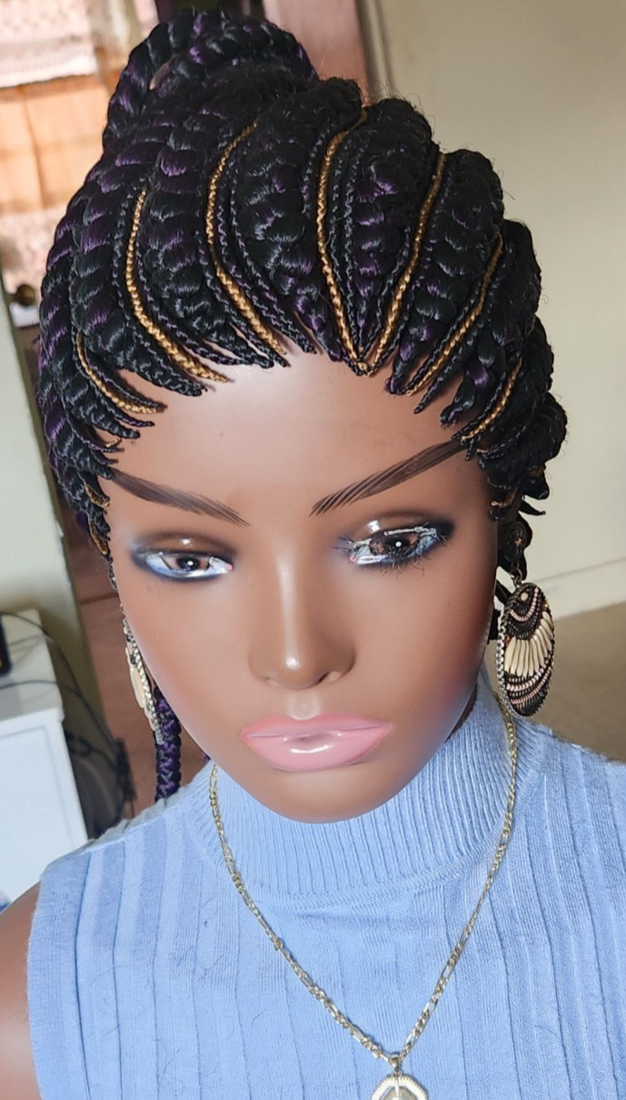 Fully Hand Braided box braid cornrow wig poney tail libre 1B mixt Dark purple/27