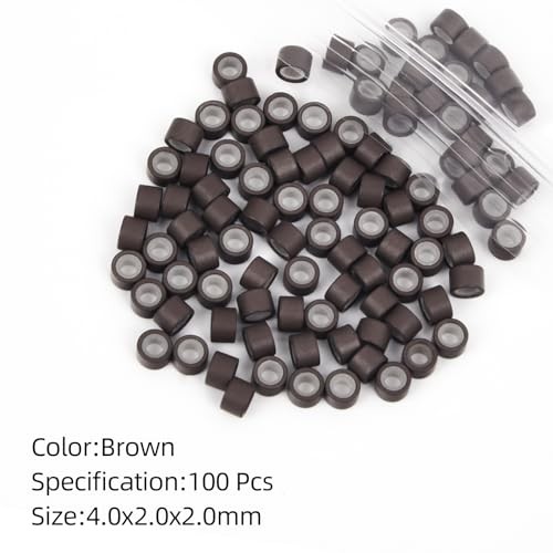 100Pcs 4mm Silicone Lined Micro Ring Beads for Hair – Brown