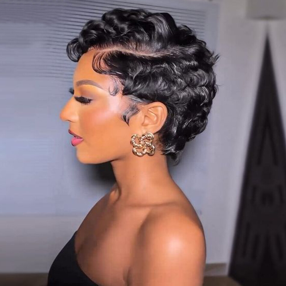 100% Human Hair Wigs For Women Pixie Cut Human Hair Finger Wave Wig