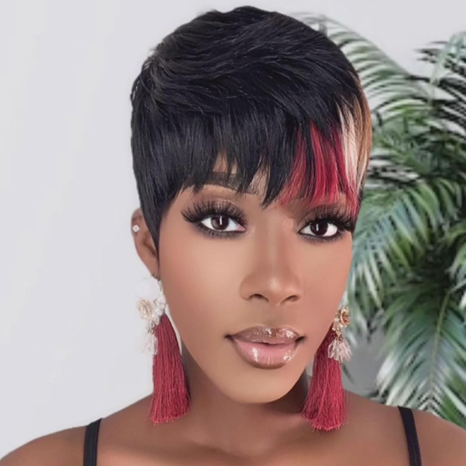 SAEIALL Pixie Cut Wig for Black Women Human Hair Multi-color Pixie Wig with Bang
